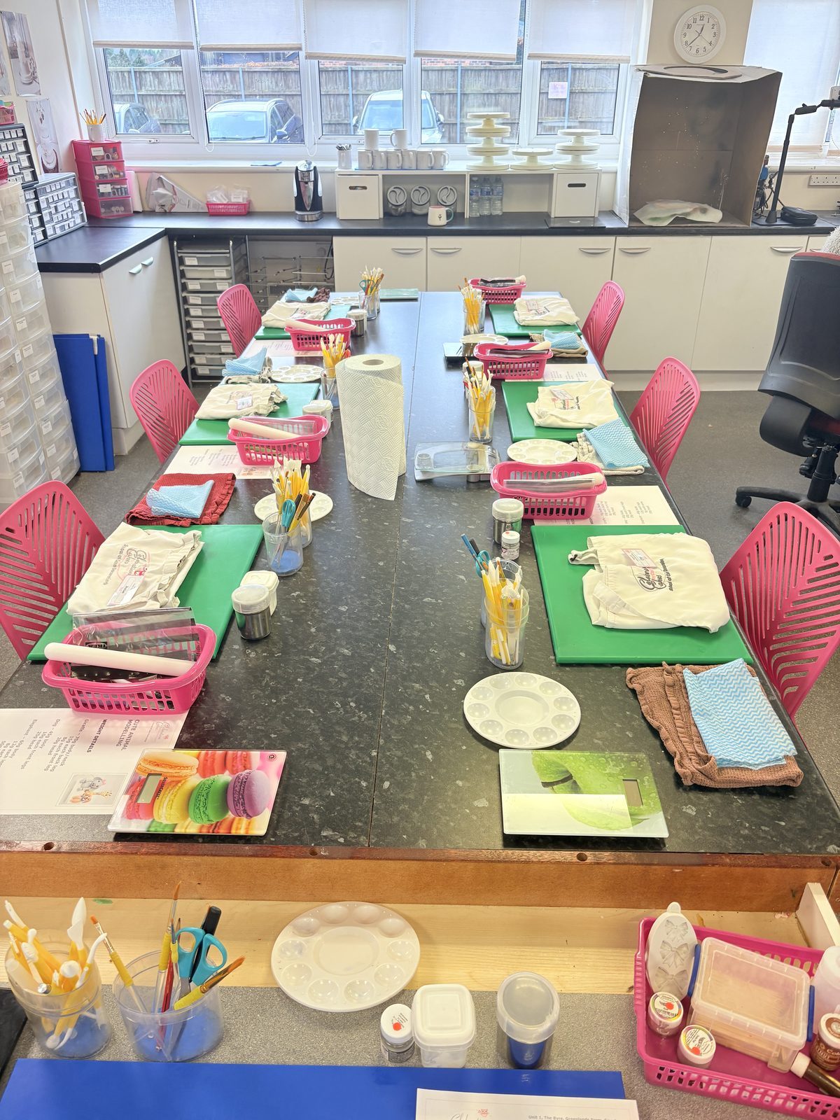 The cake decorating studio in Moulsford set up for a class