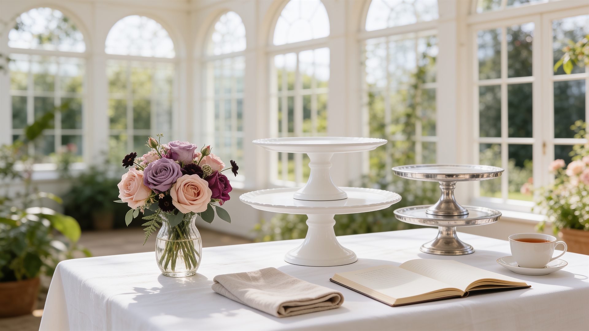 Cake consultation table with stands, roses and a notebook